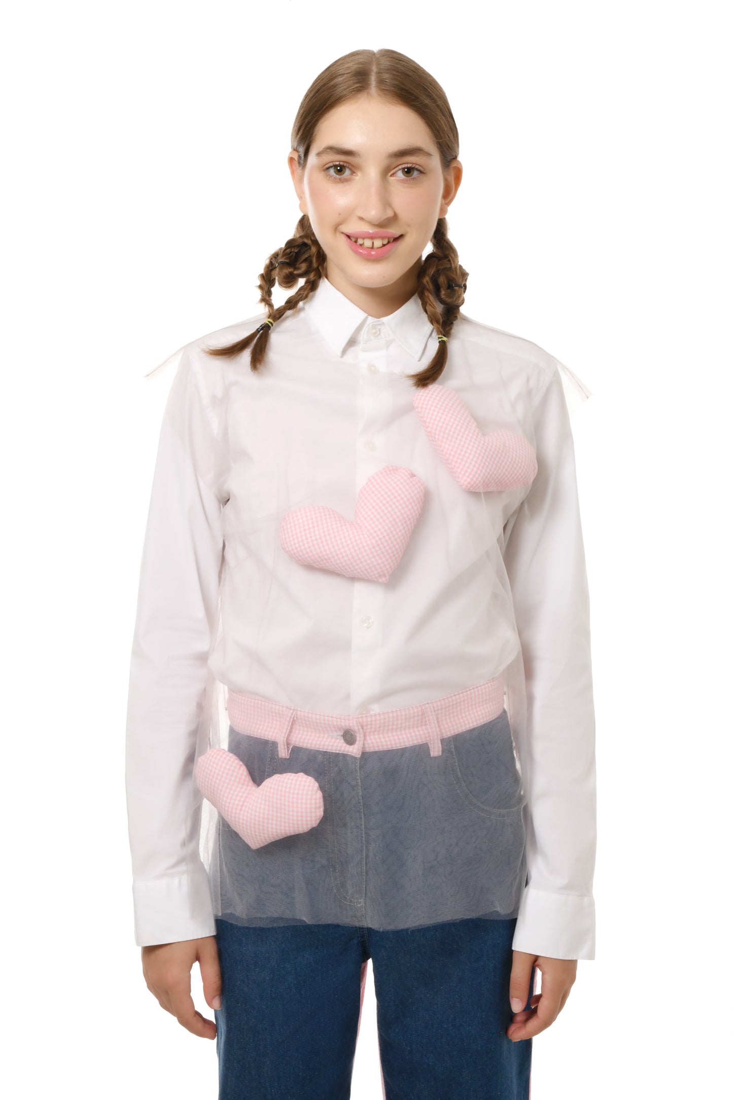 Tulle Overlay shirt with heart pillows